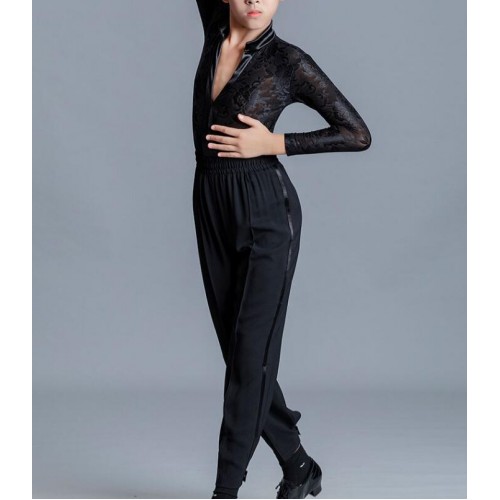 Boys kids Black white lace Latin ballroom dance shirts and pants ballroom latin dance outfits for children ballroom latin competition training dance clothes long-sleeved